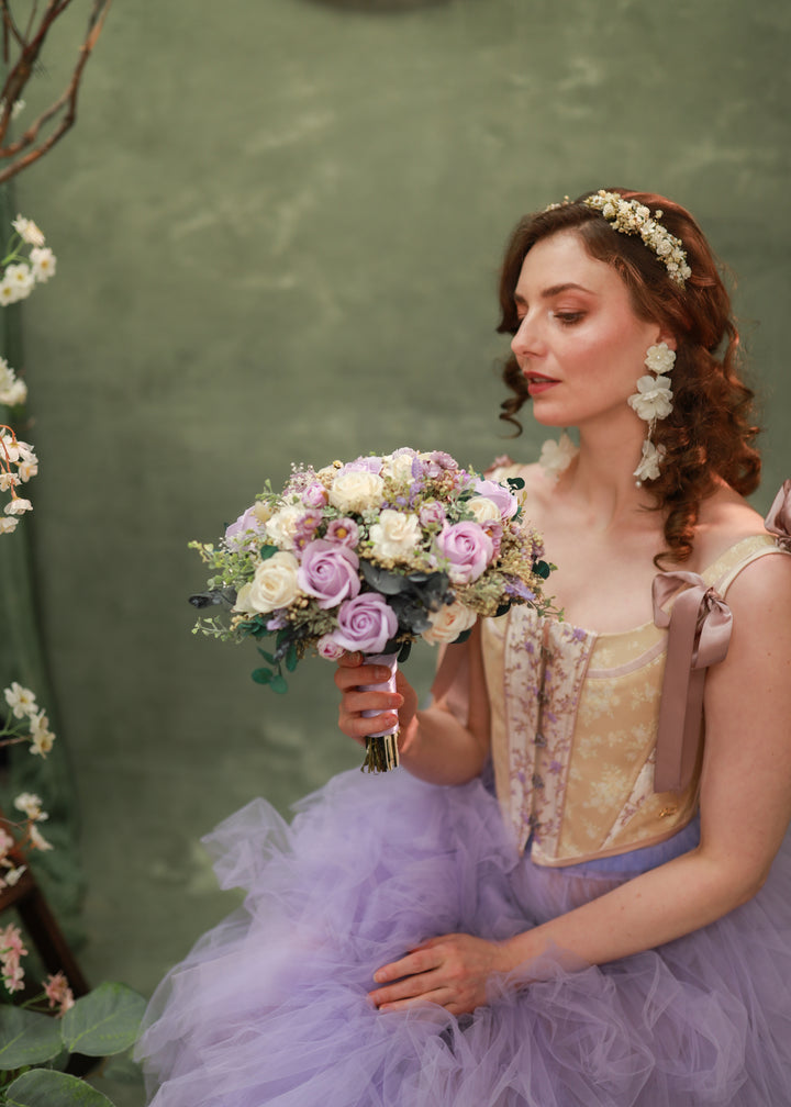 Romantic Round Bridal Bouquet in Violet, Blush and Cream Tones – handmade floral hair accessory by magaela