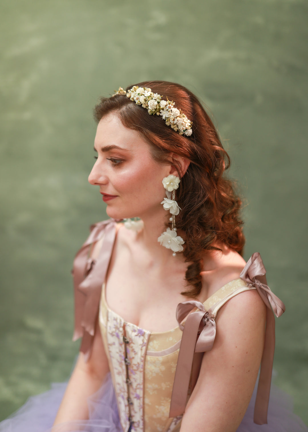 Long White Flower Drop Earrings with Pearls and Chain – Bridal Jewelry – handmade floral hair accessory by magaela
