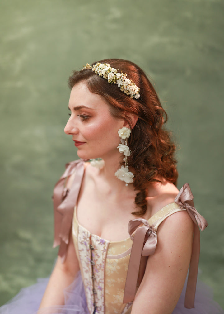 Long White Flower Drop Earrings with Pearls and Chain – Bridal Jewelry – handmade floral hair accessory by magaela