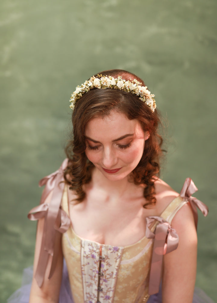 Full Floral Headband in White and Cream – Preserved Flower Bridal Headpiece – handmade floral hair accessory by magaela