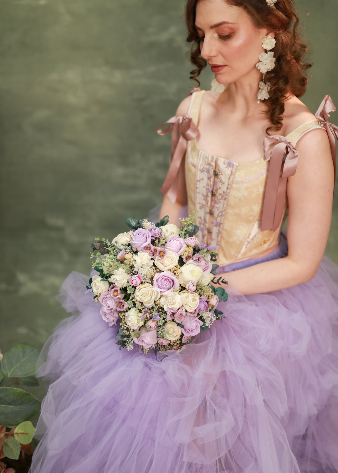 Romantic Round Bridal Bouquet in Violet, Blush and Cream Tones – handmade floral hair accessory by magaela