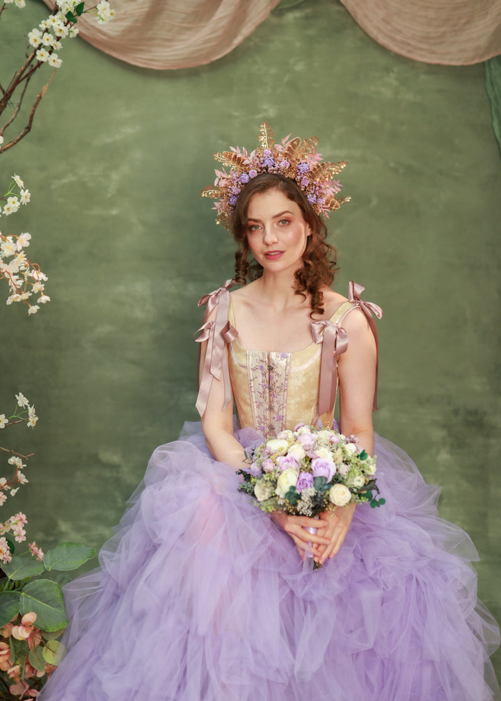 Boho Fall Flower Crown with Purple Flowers and Feathers – Statement Bridal Headpiece – handmade floral hair accessory by magaela