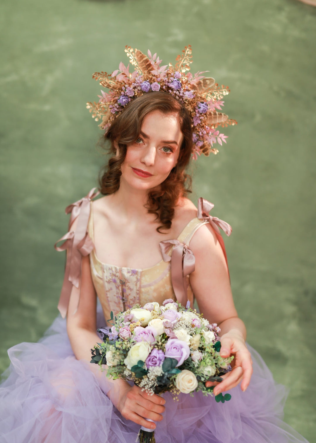 Boho Fall Flower Crown with Purple Flowers and Feathers – Statement Bridal Headpiece – handmade floral hair accessory by magaela