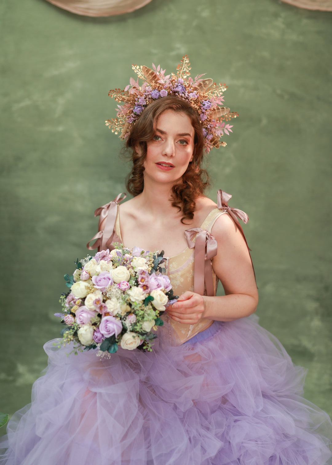 Boho Fall Flower Crown with Purple Flowers and Feathers – Statement Bridal Headpiece – handmade floral hair accessory by magaela