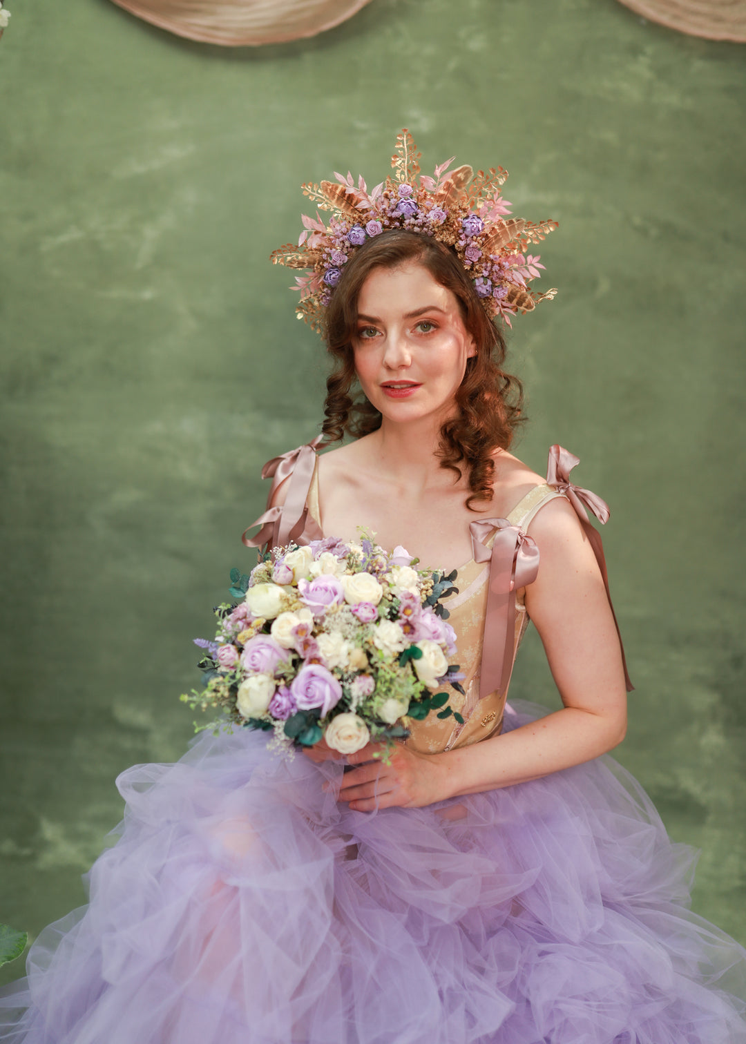 Boho Fall Flower Crown with Purple Flowers and Feathers – Statement Bridal Headpiece – handmade floral hair accessory by magaela