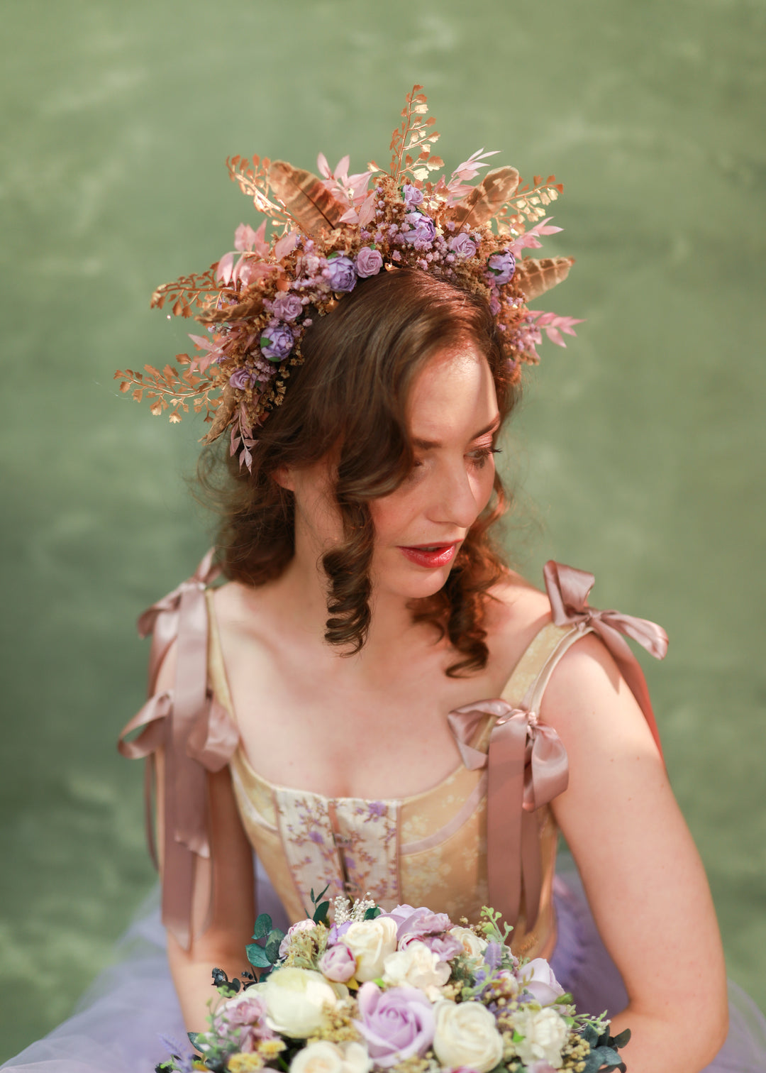 Boho Fall Flower Crown with Purple Flowers and Feathers – Statement Bridal Headpiece – handmade floral hair accessory by magaela