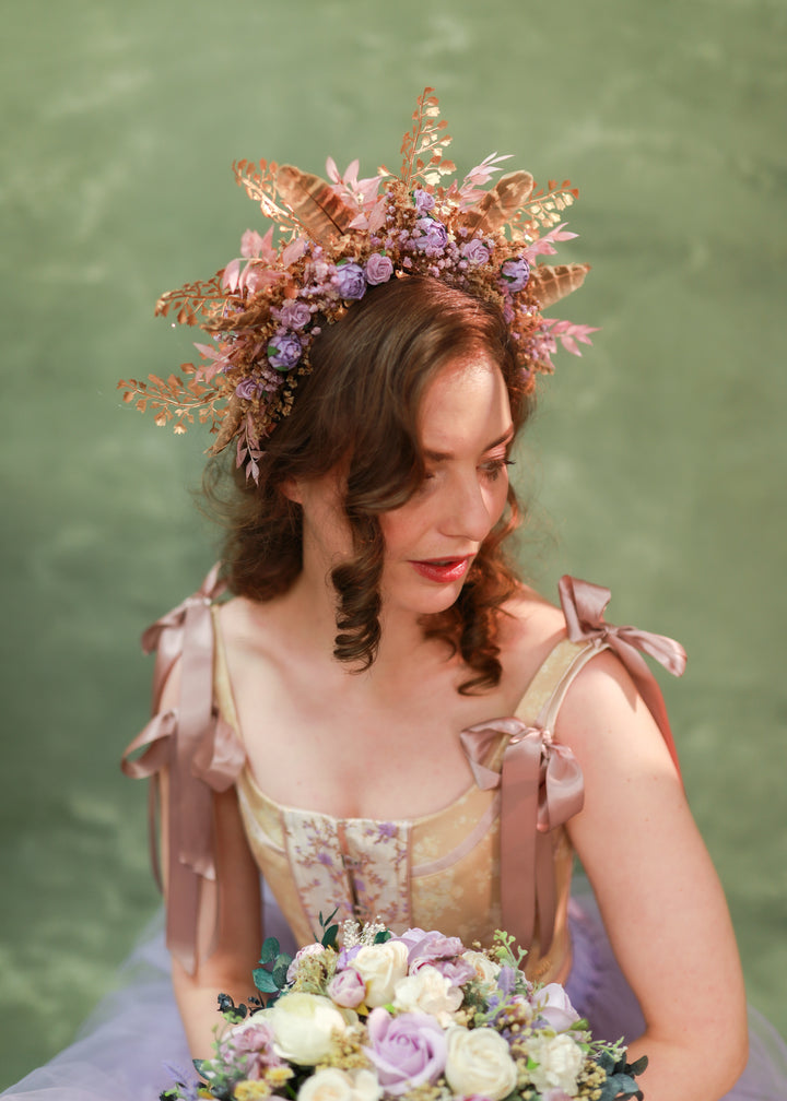 Boho Fall Flower Crown with Purple Flowers and Feathers – Statement Bridal Headpiece – handmade floral hair accessory by magaela