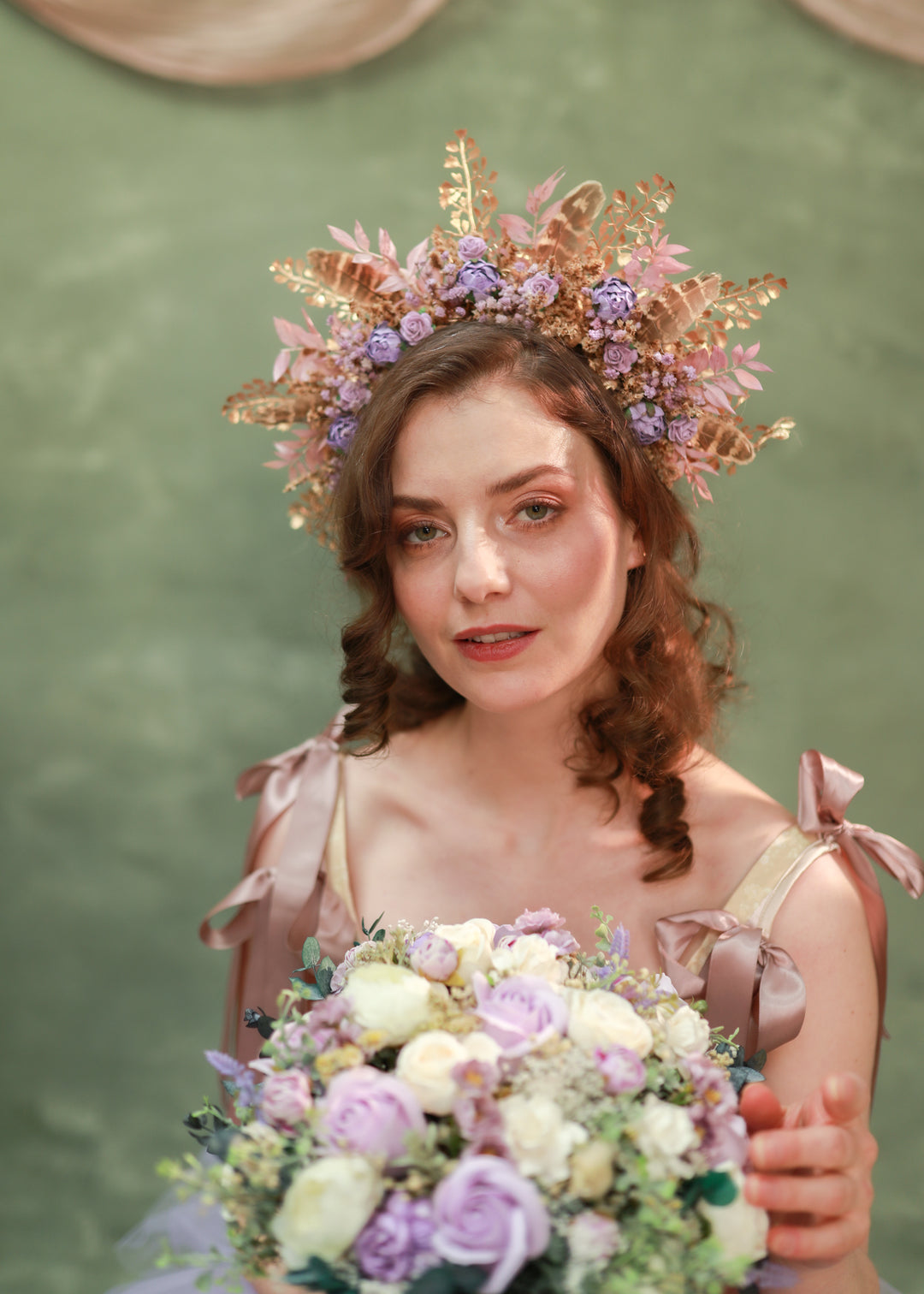 Boho Fall Flower Crown with Purple Flowers and Feathers – Statement Bridal Headpiece – handmade floral hair accessory by magaela