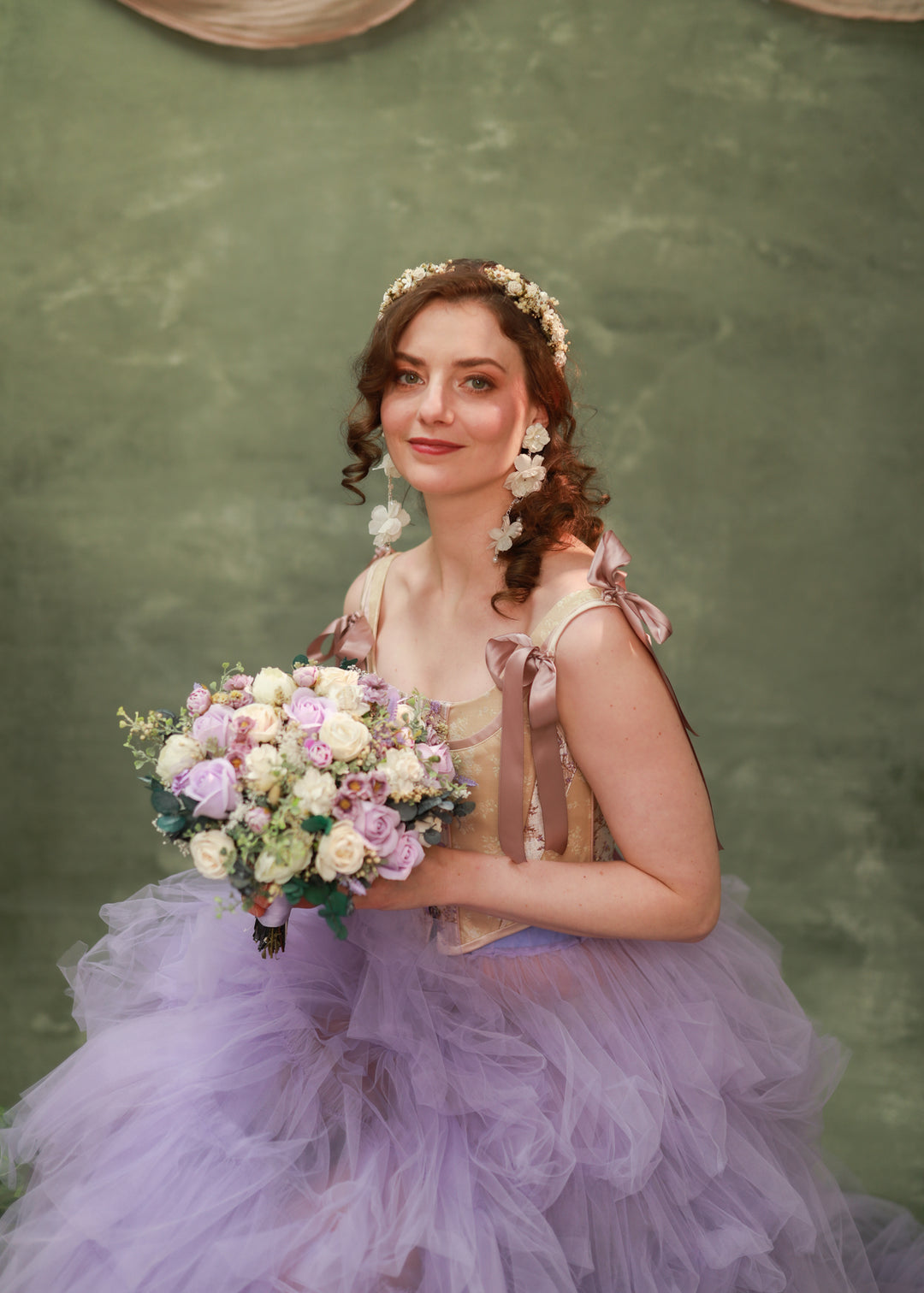 Romantic Round Bridal Bouquet in Violet, Blush and Cream Tones – handmade floral hair accessory by magaela