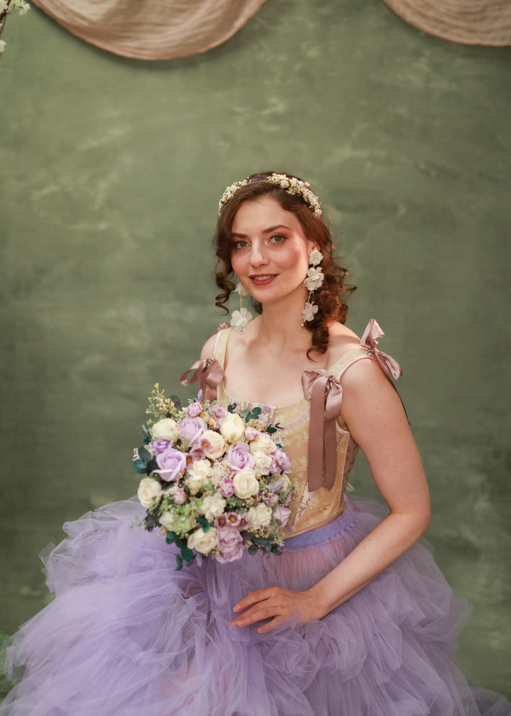 Romantic Round Bridal Bouquet in Violet, Blush and Cream Tones – handmade floral hair accessory by magaela