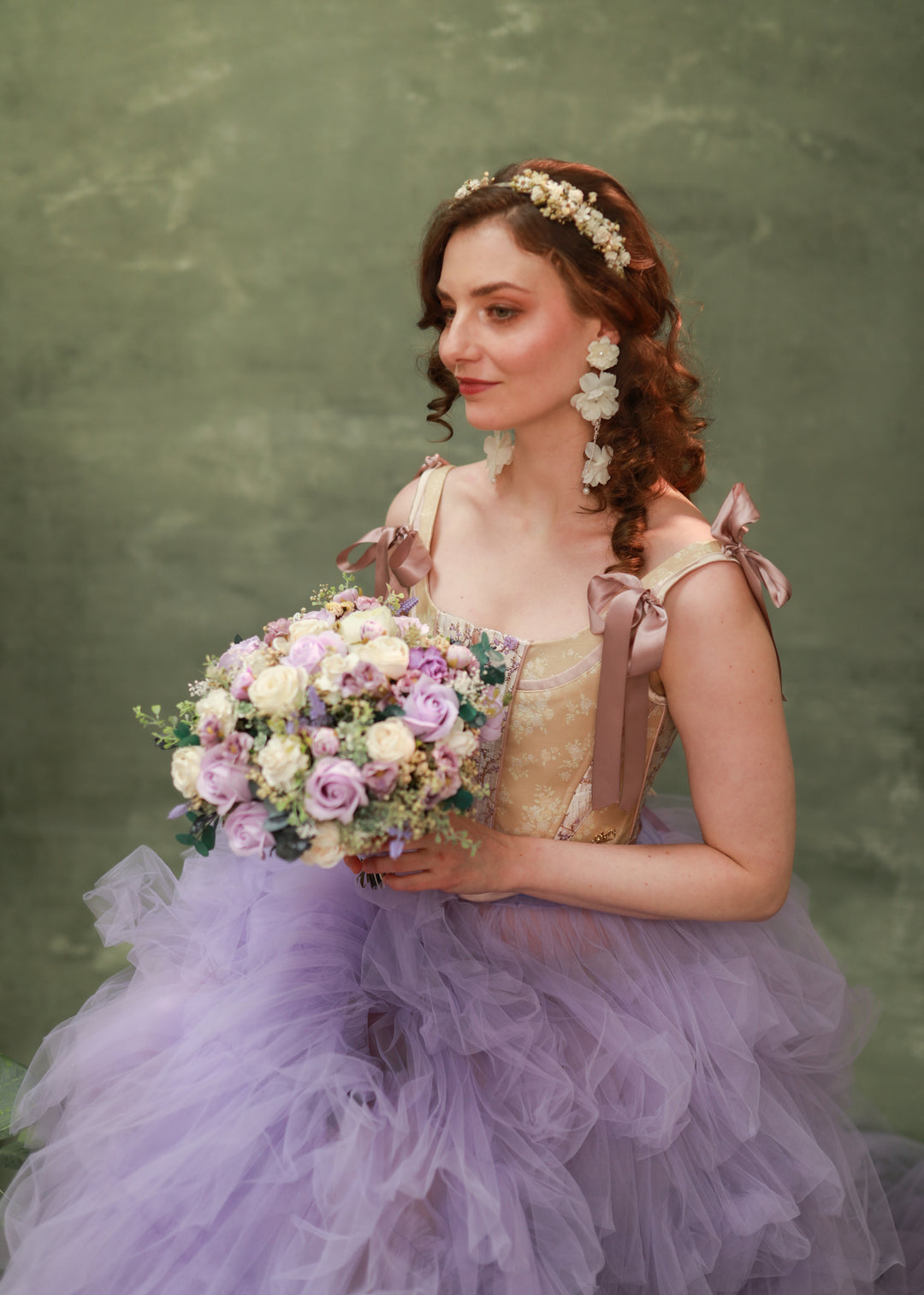 Romantic Round Bridal Bouquet in Violet, Blush and Cream Tones – handmade floral hair accessory by magaela