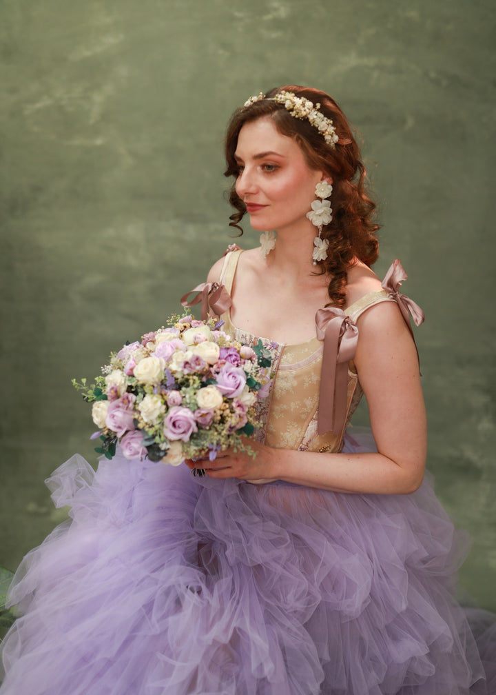 Romantic Round Bridal Bouquet in Violet, Blush and Cream Tones – handmade floral hair accessory by magaela