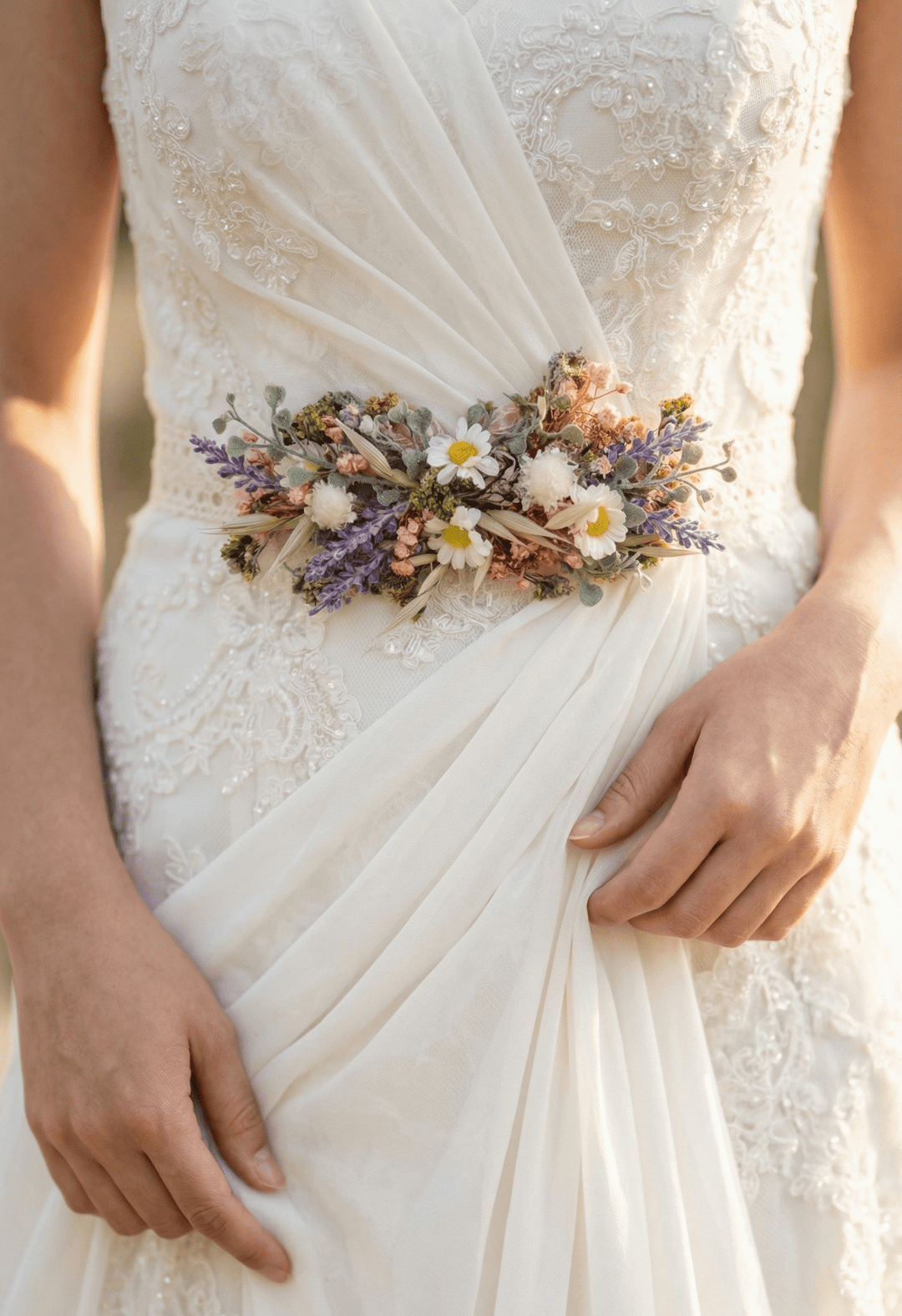 Wildflower Bridal Belt: Daisy Lavender Meadow Flower, Boho Wedding – handmade floral hair accessory by magaela