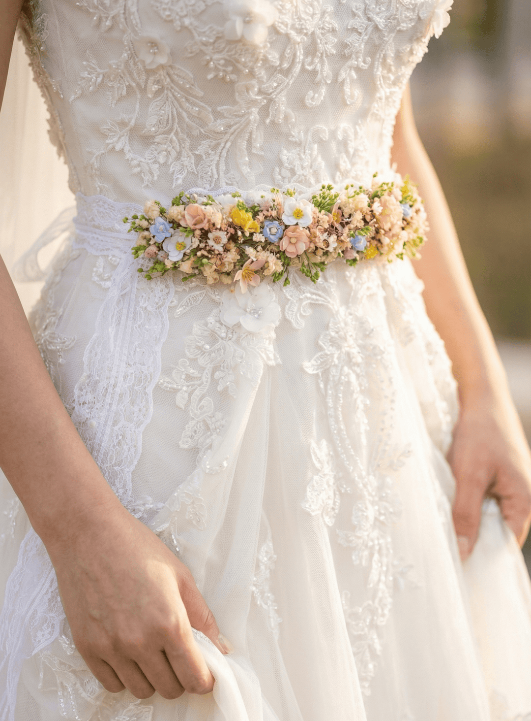 Pastel Flower Bridal Belt: Boho Meadow Wedding Dress Accessory – handmade floral hair accessory by magaela