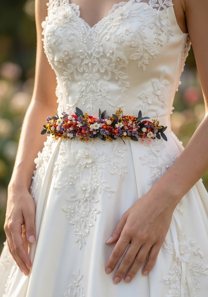 Brautgürtel mit Wildblumen: Konservierte Wiesenblumen, Accessoire für Gartenhochzeiten