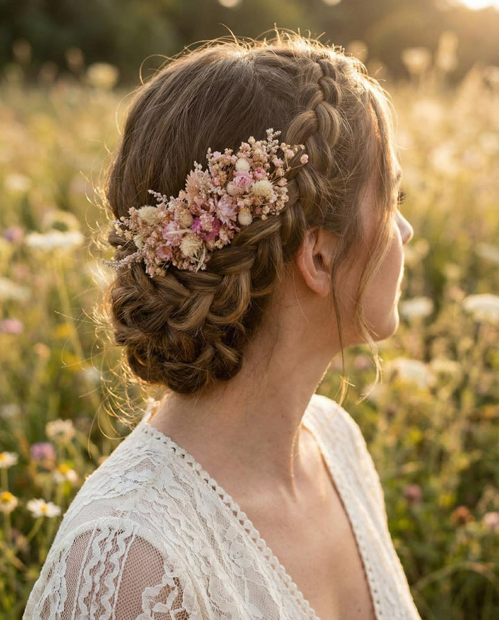 Pink Flower Hair Comb: Rustic Wedding Dried Flower Comb – handmade floral hair accessory by magaela