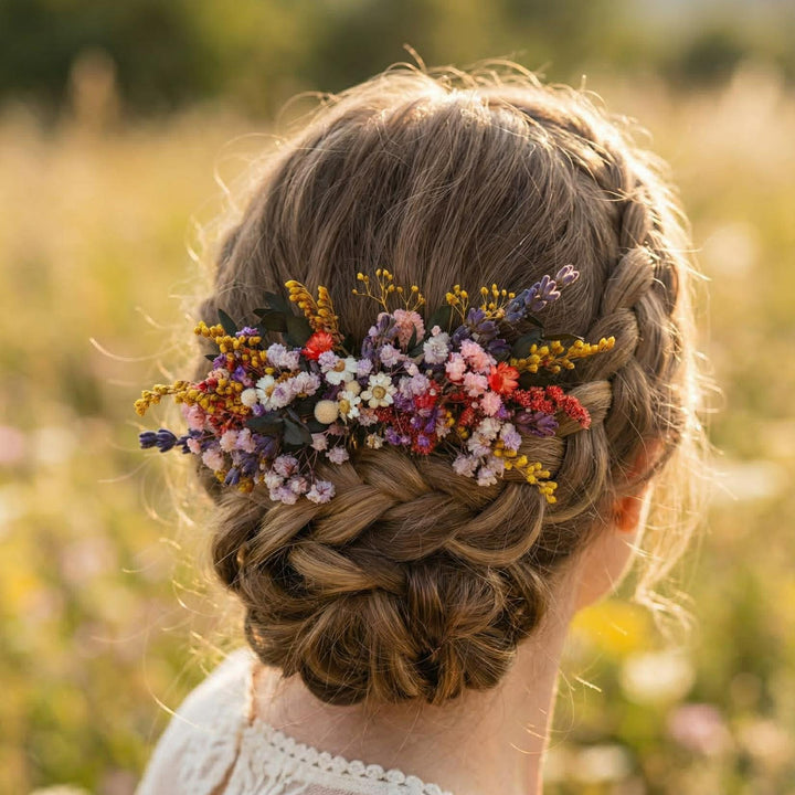 Preserved Wildflower Bridal Comb: Colorful Meadow Wedding Hair Accessory – handmade floral hair accessory by magaela
