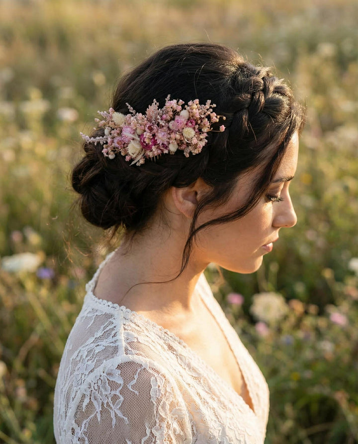 Pink Flower Hair Comb: Rustic Wedding Dried Flower Comb – handmade floral hair accessory by magaela