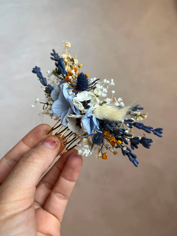 Dusty Blue Hair Comb | Silk and Dried Floral Wedding | Smaller