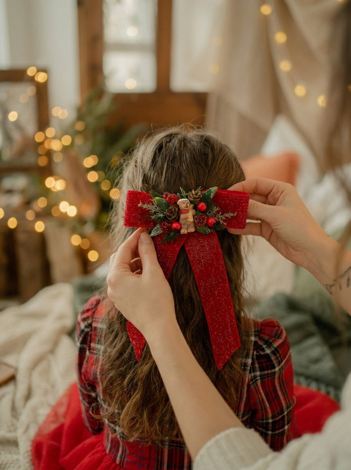 A person adjusting a red glittery Christmas bow headband with greenery and small red berries on a child's hair in a cozy indoor setting with warm string lights.