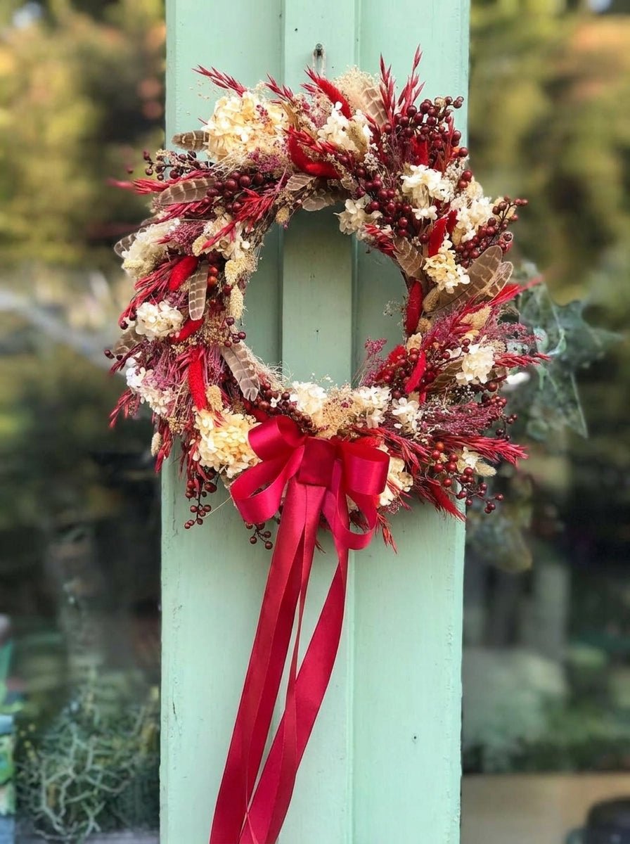 Natural Autumn Door Wreath with Hydrangea and Eucalyptus, 45 cm - handmade floral hair accessory by magaela
