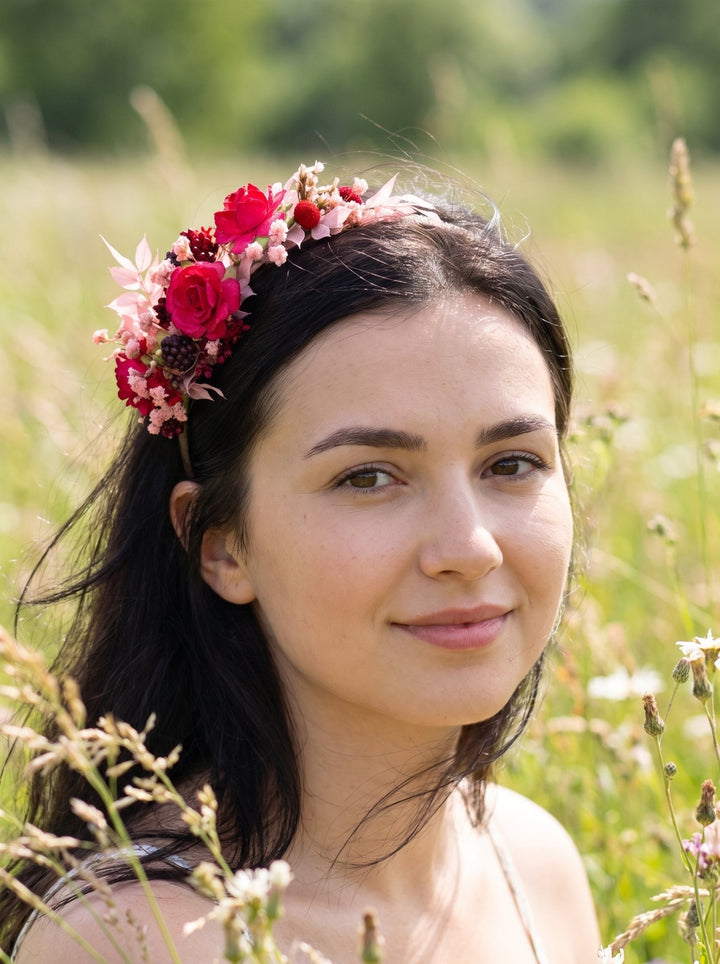 Red Rose Headband with Berries: Romantic Hair Accessory – handmade floral hair accessory by magaela
