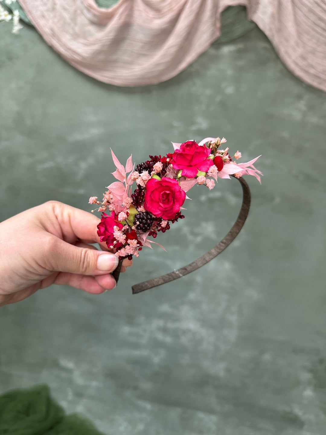 Red Rose Headband with Berries: Romantic Hair Accessory – handmade floral hair accessory by magaela