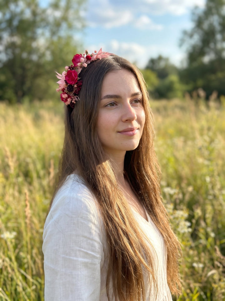 Red Rose Headband with Berries: Romantic Hair Accessory – handmade floral hair accessory by magaela