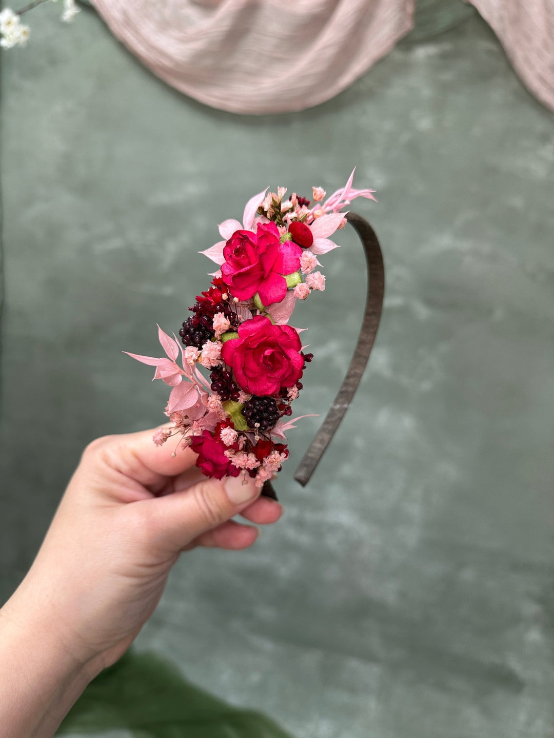 Red Rose Headband with Berries: Romantic Hair Accessory – handmade floral hair accessory by magaela