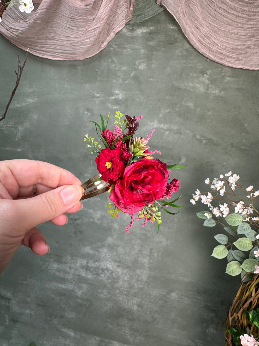 Red Floral Hair Clip with Roses – handmade floral hair accessory by magaela