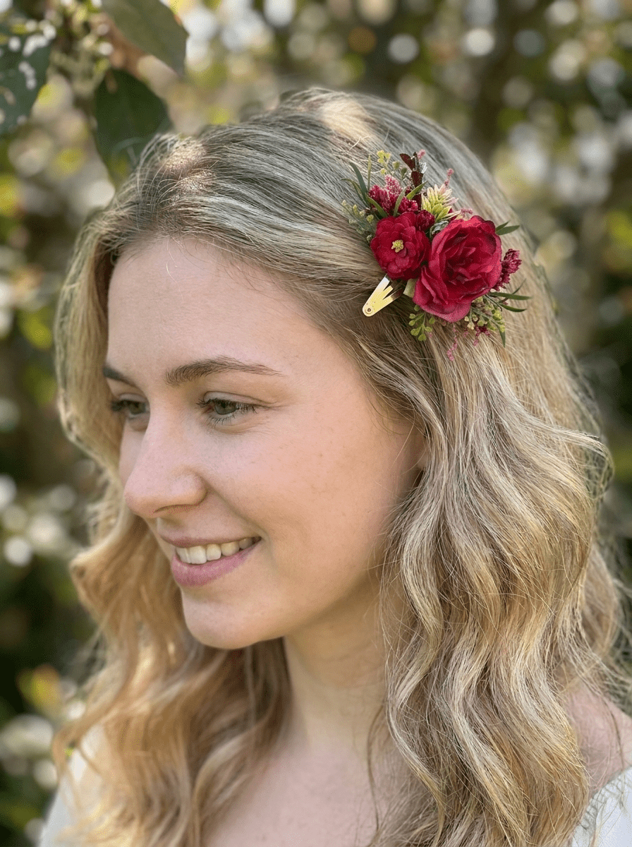 Red Floral Hair Clip with Roses – handmade floral hair accessory by magaela