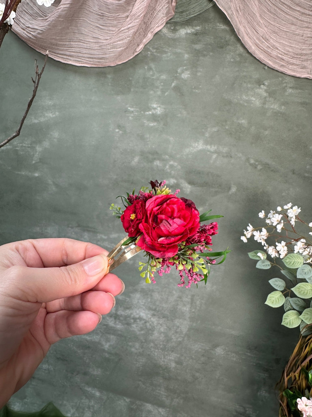 Red Floral Hair Clip with Roses – handmade floral hair accessory by magaela