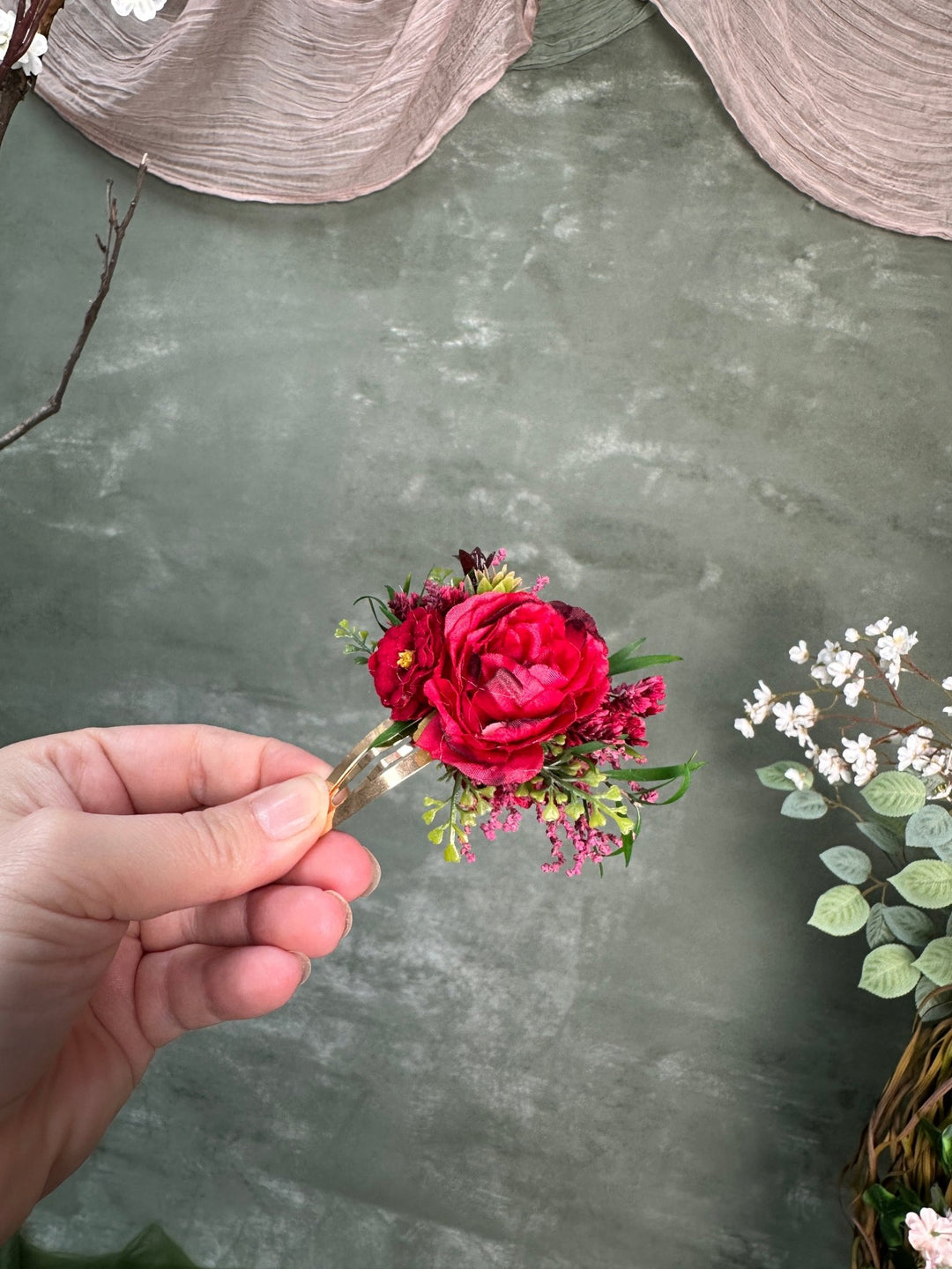Red Floral Hair Clip with Roses – handmade floral hair accessory by magaela