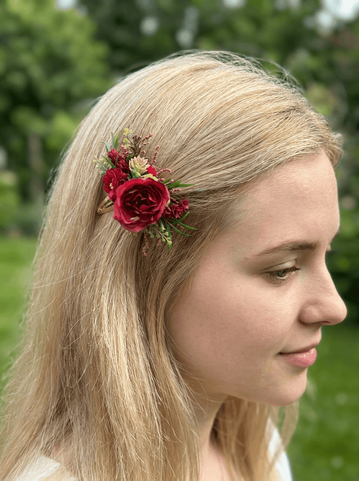 Red Floral Hair Clip with Roses – handmade floral hair accessory by magaela