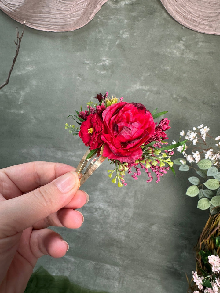 Red Floral Hair Clip with Roses – handmade floral hair accessory by magaela