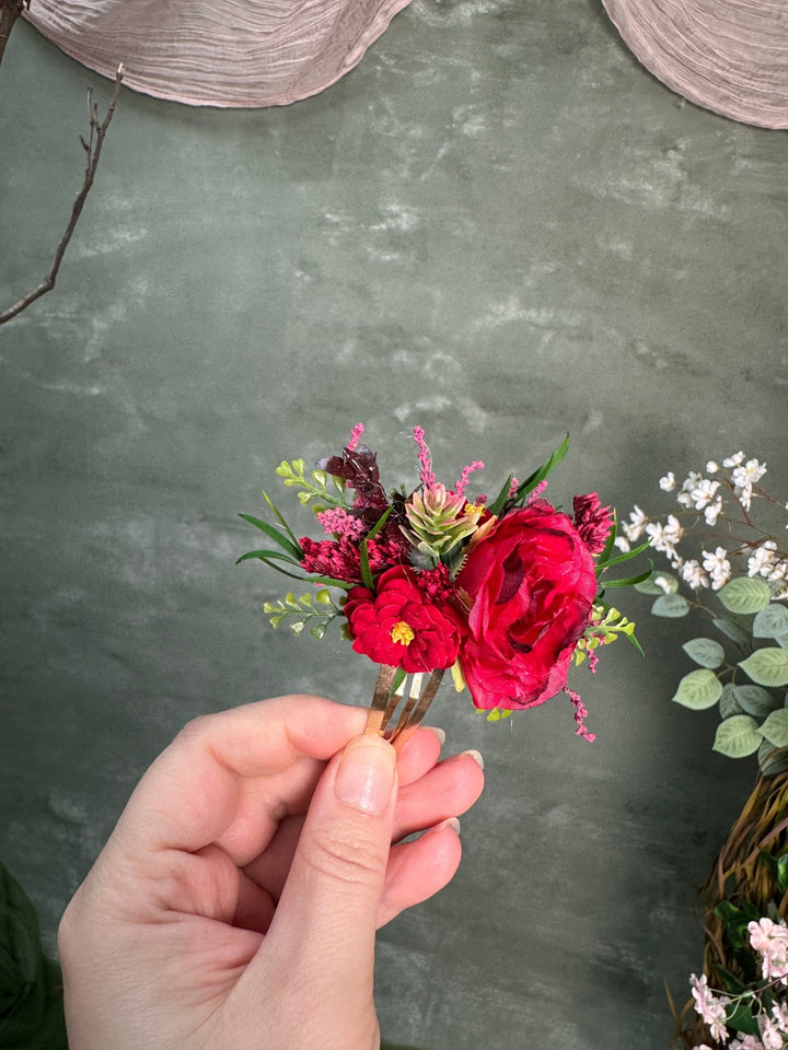 Red Floral Hair Clip with Roses – handmade floral hair accessory by magaela