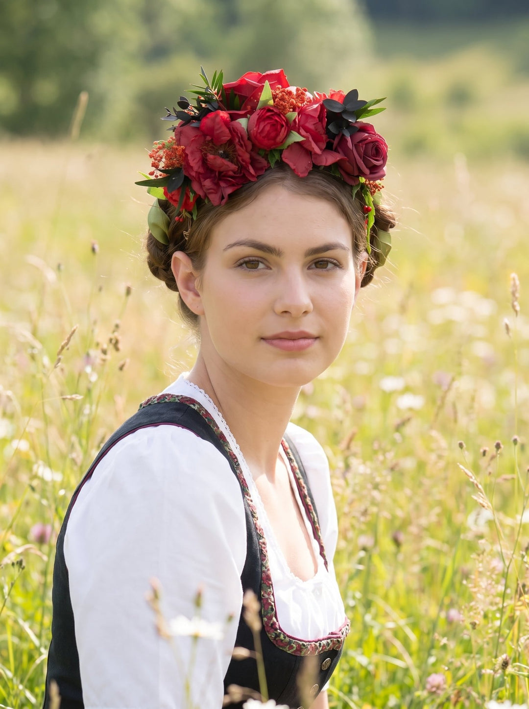 Red Flower Headband – Passionate Dirndl Accessory for Oktoberfest – handmade floral hair accessory by magaela