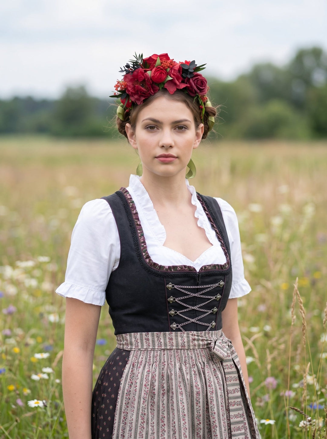 Red Flower Headband – Passionate Dirndl Accessory for Oktoberfest – handmade floral hair accessory by magaela