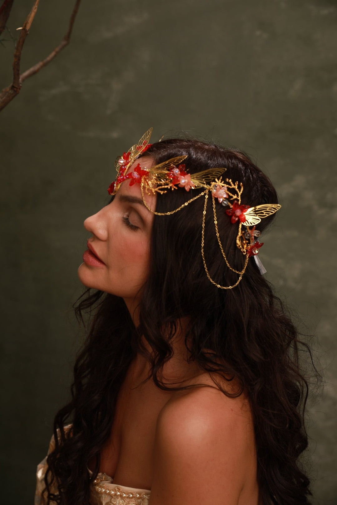 Red Gold Butterfly Crown: Crystal Chain Fairy Tiara – handmade floral hair accessory by magaela