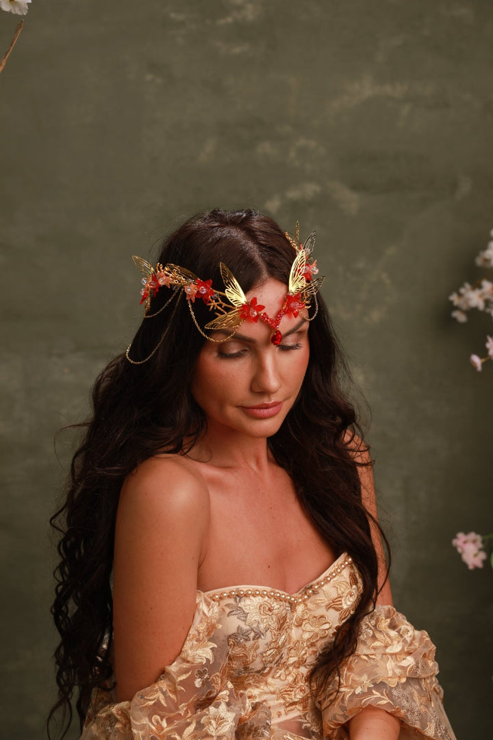Red Gold Butterfly Crown: Crystal Chain Fairy Tiara – handmade floral hair accessory by magaela