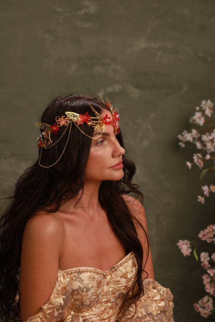 Red Gold Butterfly Crown: Crystal Chain Fairy Tiara – handmade floral hair accessory by magaela