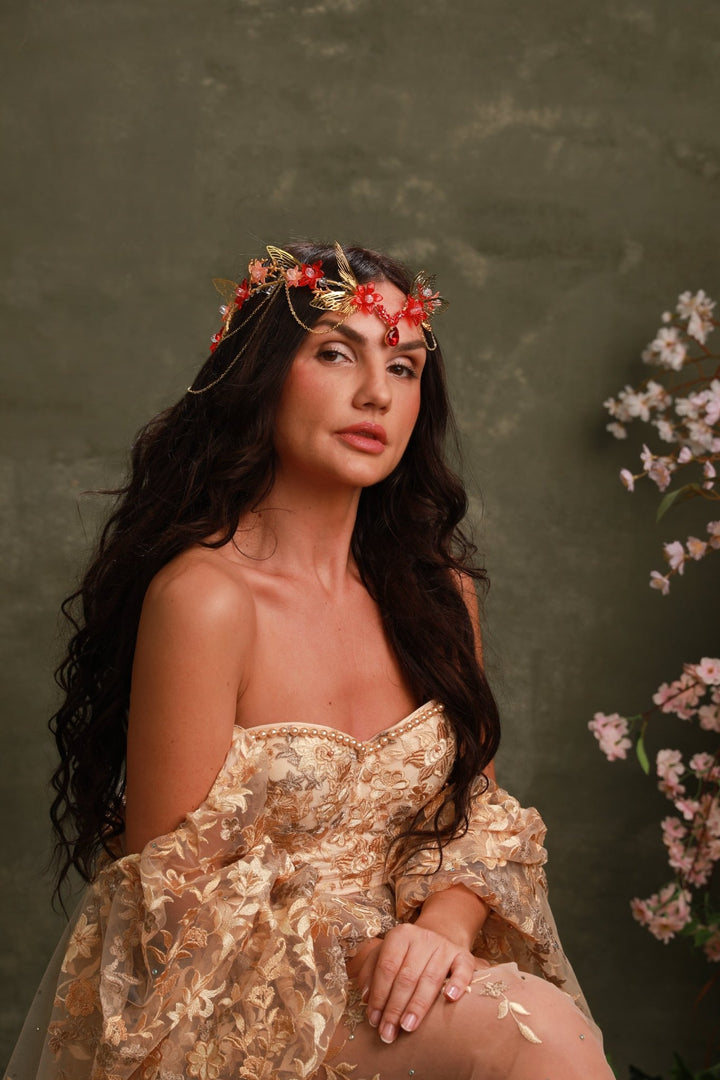 Red Gold Butterfly Crown: Crystal Chain Fairy Tiara – handmade floral hair accessory by magaela