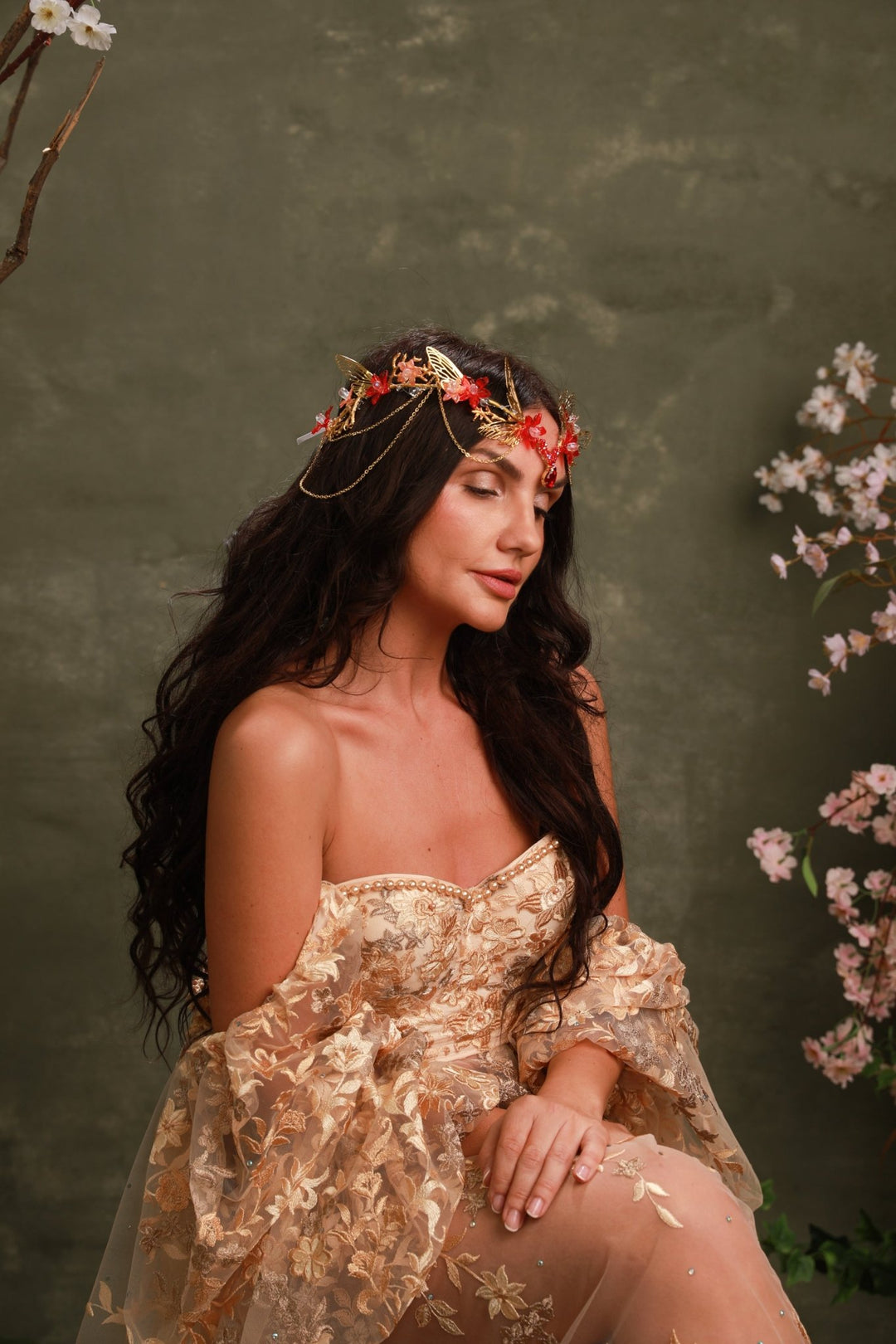 Red Gold Butterfly Crown: Crystal Chain Fairy Tiara – handmade floral hair accessory by magaela