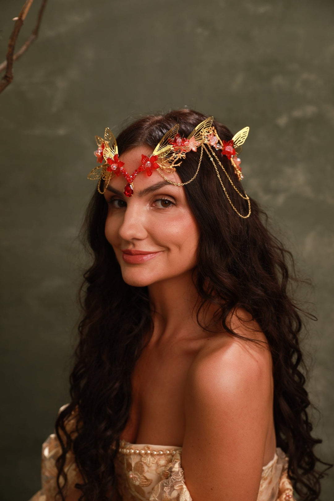 Red Gold Butterfly Crown: Crystal Chain Fairy Tiara – handmade floral hair accessory by magaela