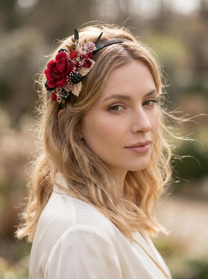 Red Headband with Roses and Blackberries – Bold Floral Hair Accessory – handmade floral hair accessory by magaela