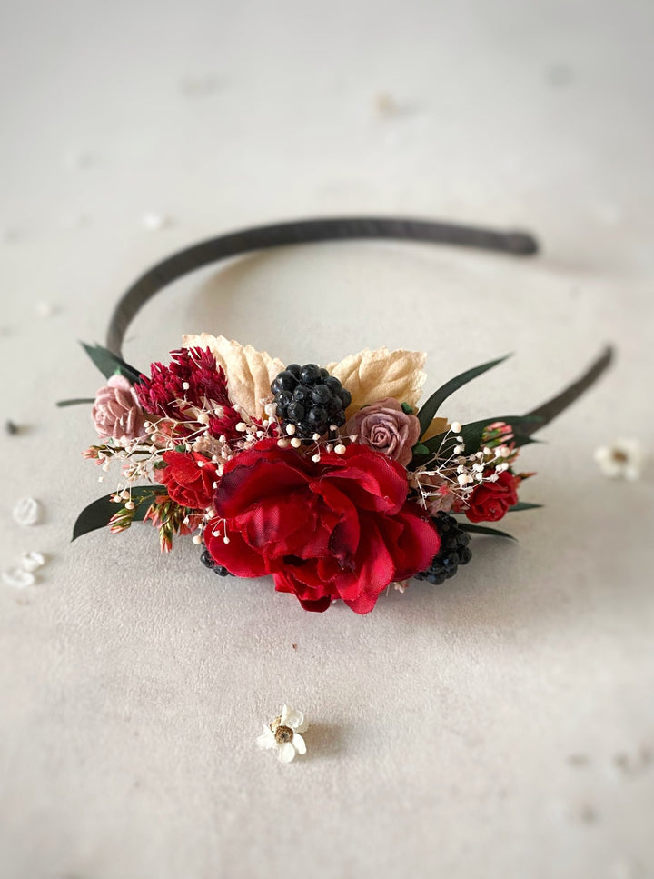 Red Headband with Roses and Blackberries – Bold Floral Hair Accessory – handmade floral hair accessory by magaela