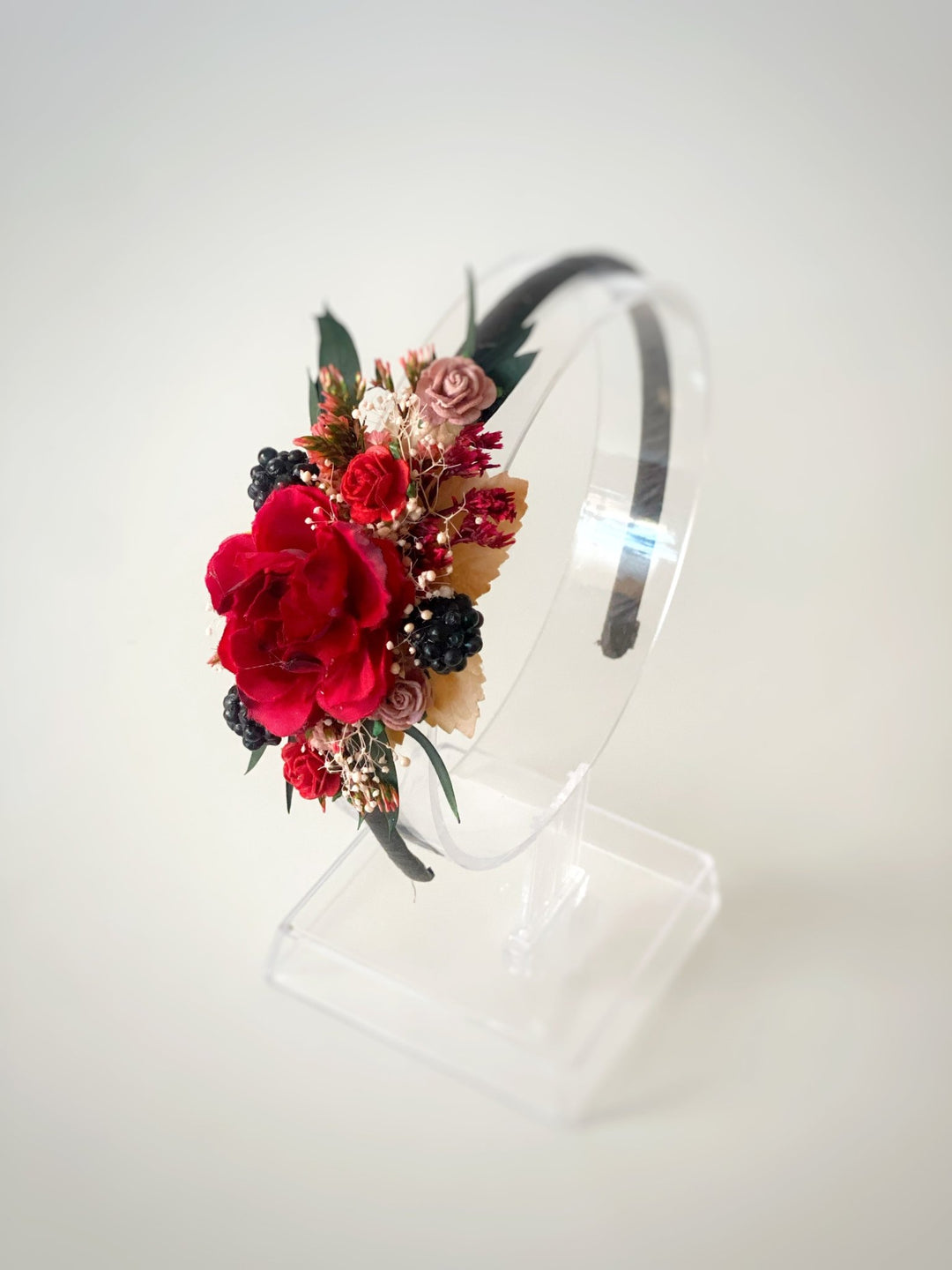 Red Headband with Roses and Blackberries – Bold Floral Hair Accessory – handmade floral hair accessory by magaela