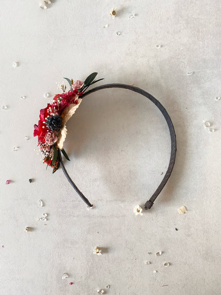 Red Headband with Roses and Blackberries – Bold Floral Hair Accessory – handmade floral hair accessory by magaela