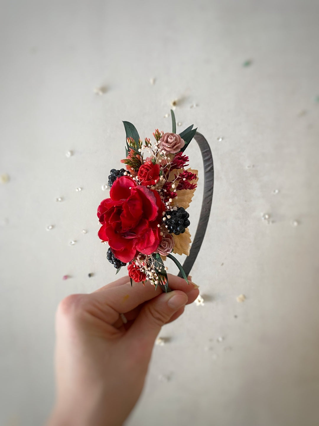 Red Headband with Roses and Blackberries – Bold Floral Hair Accessory – handmade floral hair accessory by magaela
