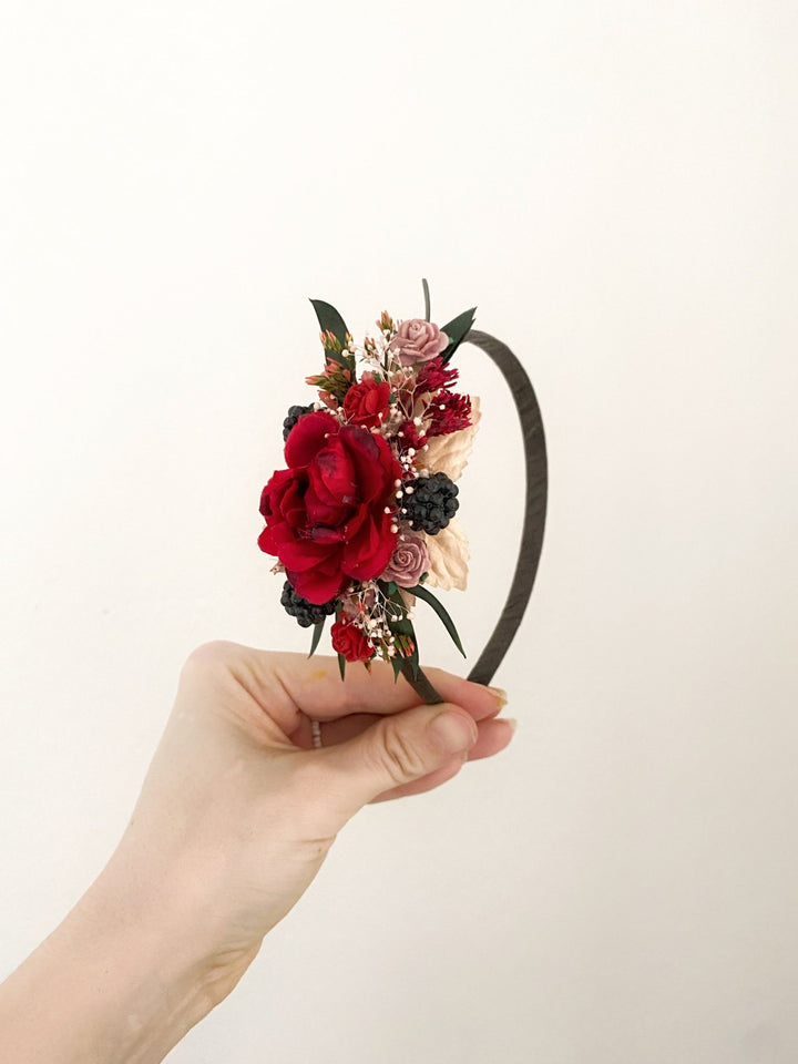 Red Headband with Roses and Blackberries – Bold Floral Hair Accessory – handmade floral hair accessory by magaela